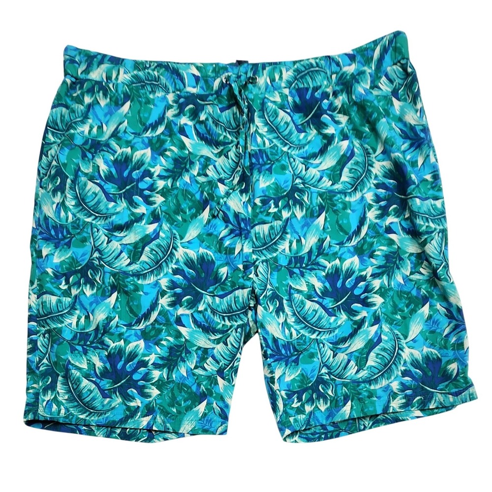Caribbean Joe Tropical Leaf Print Shorts Blue Green Womens 1X Boho Coastal